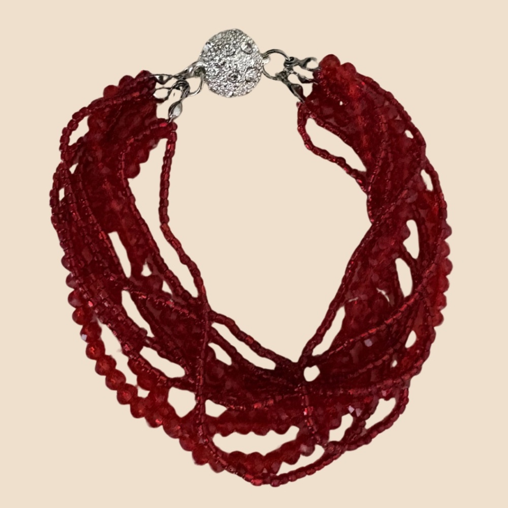 ⭐️ Red Multi-Strand Beaded Bracelet with Rhinestone Magnetic Clasp